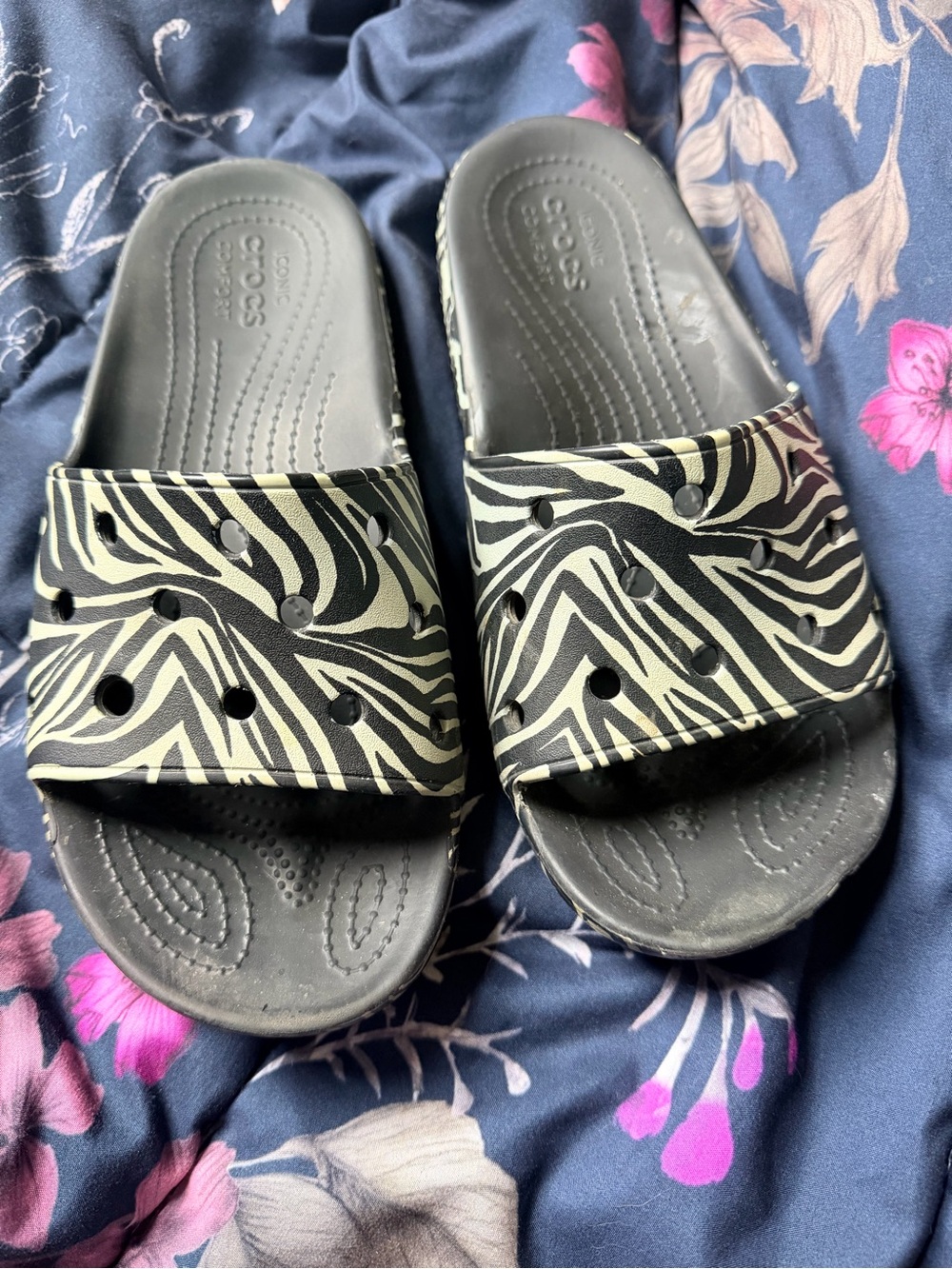 CROCS Black and Cream Zebra-Print Classic Slide